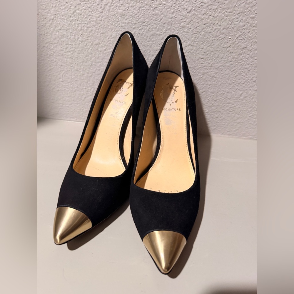 Vero Cuoio Black Suede Pointed Pumps with Gold Toe Caps